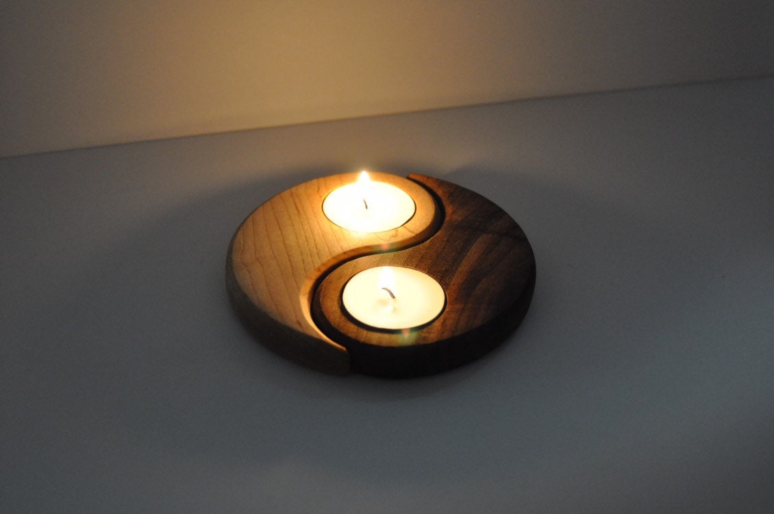 Yin & Yang Wood Tealight Candle Holder - Two Piece