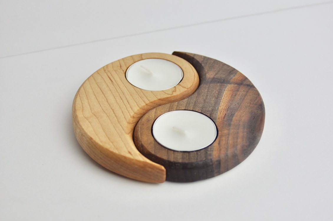 Yin & Yang Wood Tealight Candle Holder - Two Piece