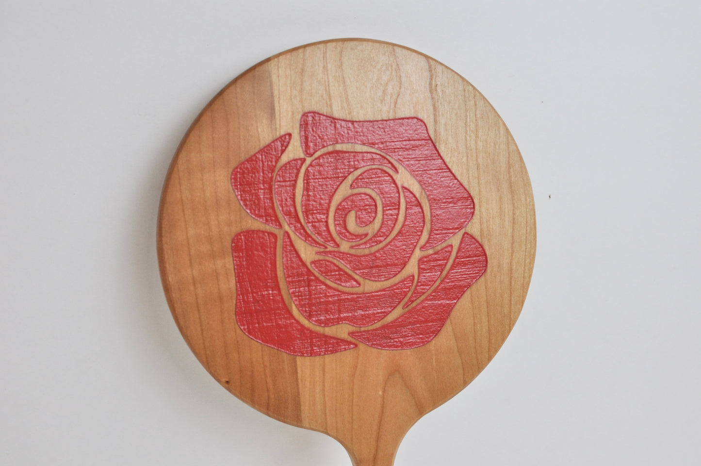 Painted Engraved Red Rose Wood Hand Mirror