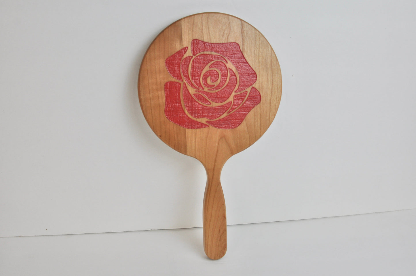 Painted Engraved Red Rose Wood Hand Mirror