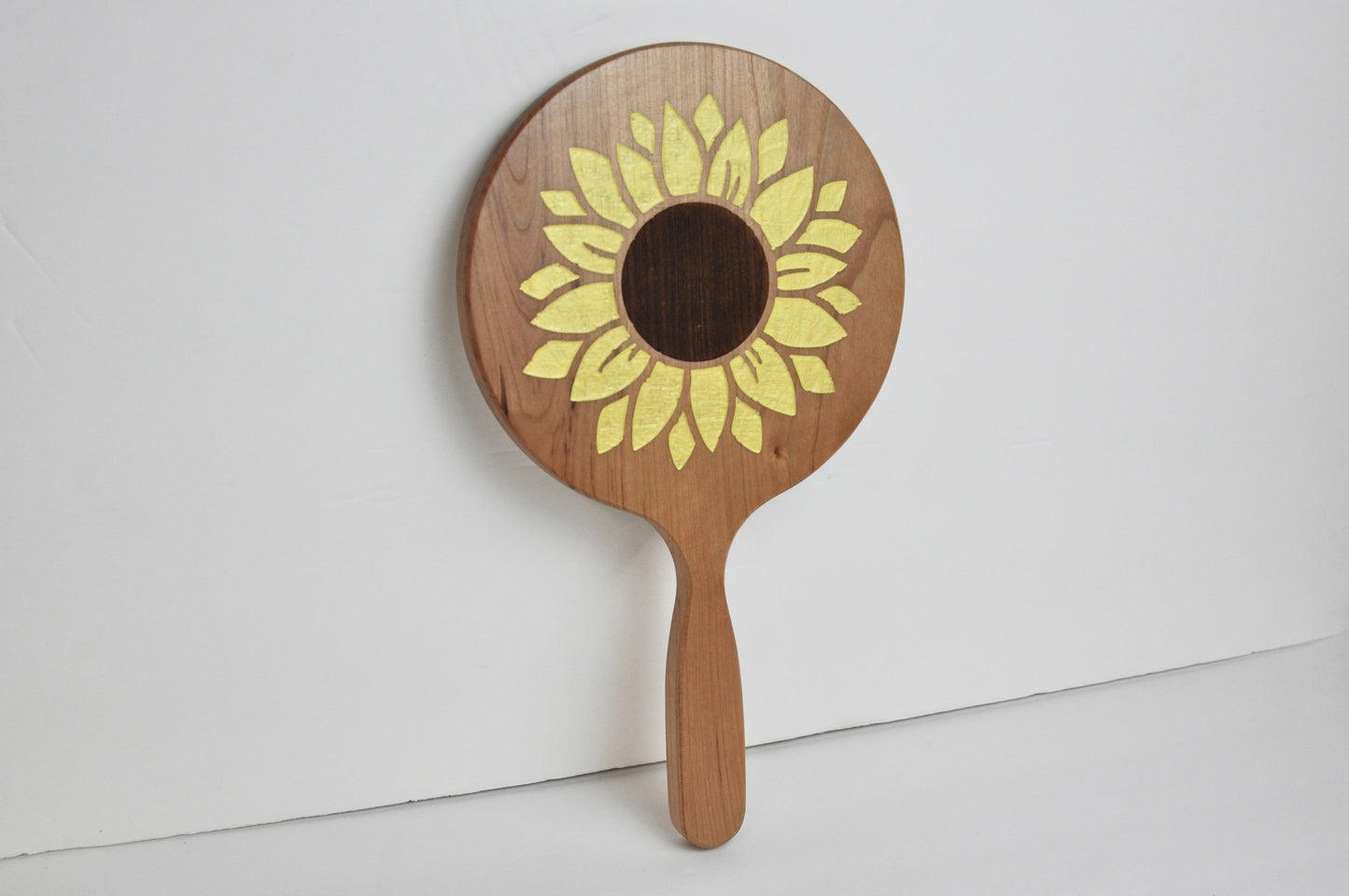 Painted Engraved Sunflower Wood Hand Mirror