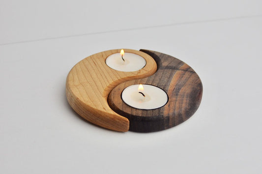 Yin & Yang Wood Tealight Candle Holder - Two Piece