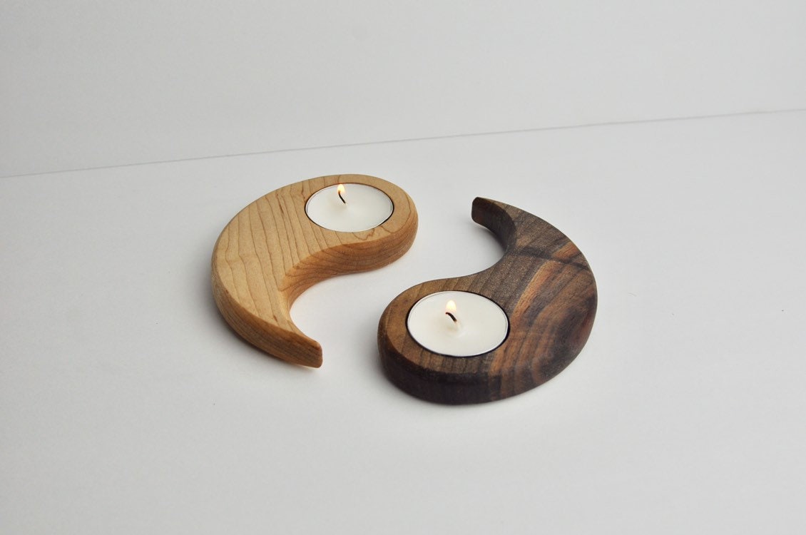 Yin & Yang Wood Tealight Candle Holder - Two Piece