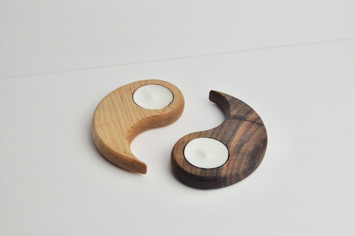 Yin & Yang Wood Tealight Candle Holder - Two Piece