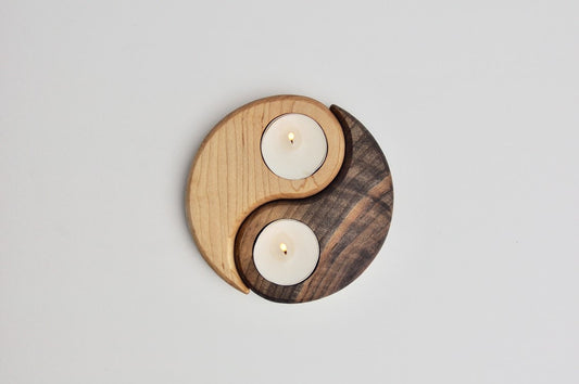 Yin & Yang Wood Tealight Candle Holder - Two Piece