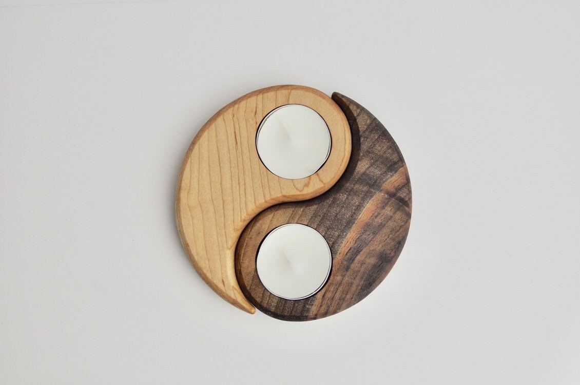 Yin & Yang Wood Tealight Candle Holder - Two Piece