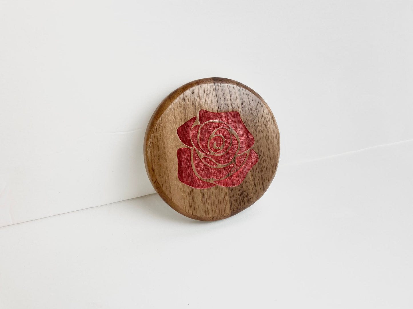 Round Compact Wood Mirror with Painted Engraved Red Rose