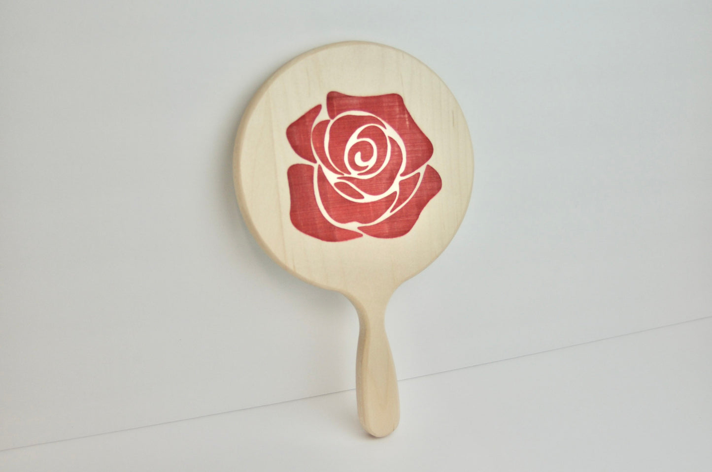 Painted Engraved Red Rose Wood Hand Mirror