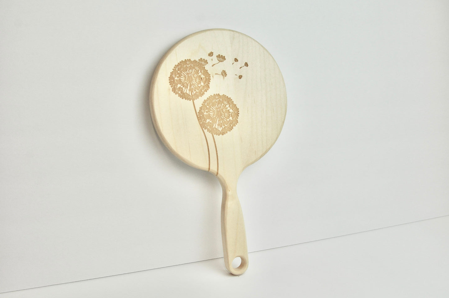 Dandelion Engraved Wood Hand Mirror