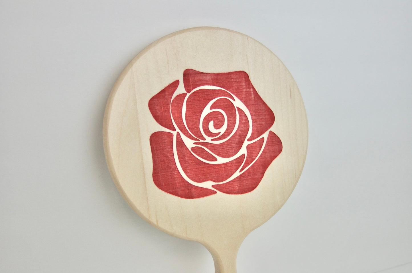 Painted Engraved Red Rose Wood Hand Mirror