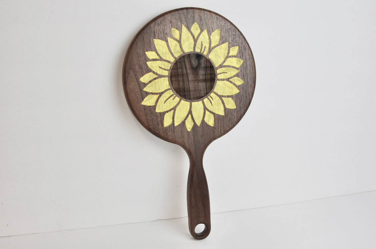 Painted Engraved Sunflower Wood Hand Mirror