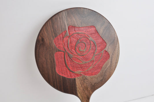 Painted Engraved Red Rose Wood Hand Mirror