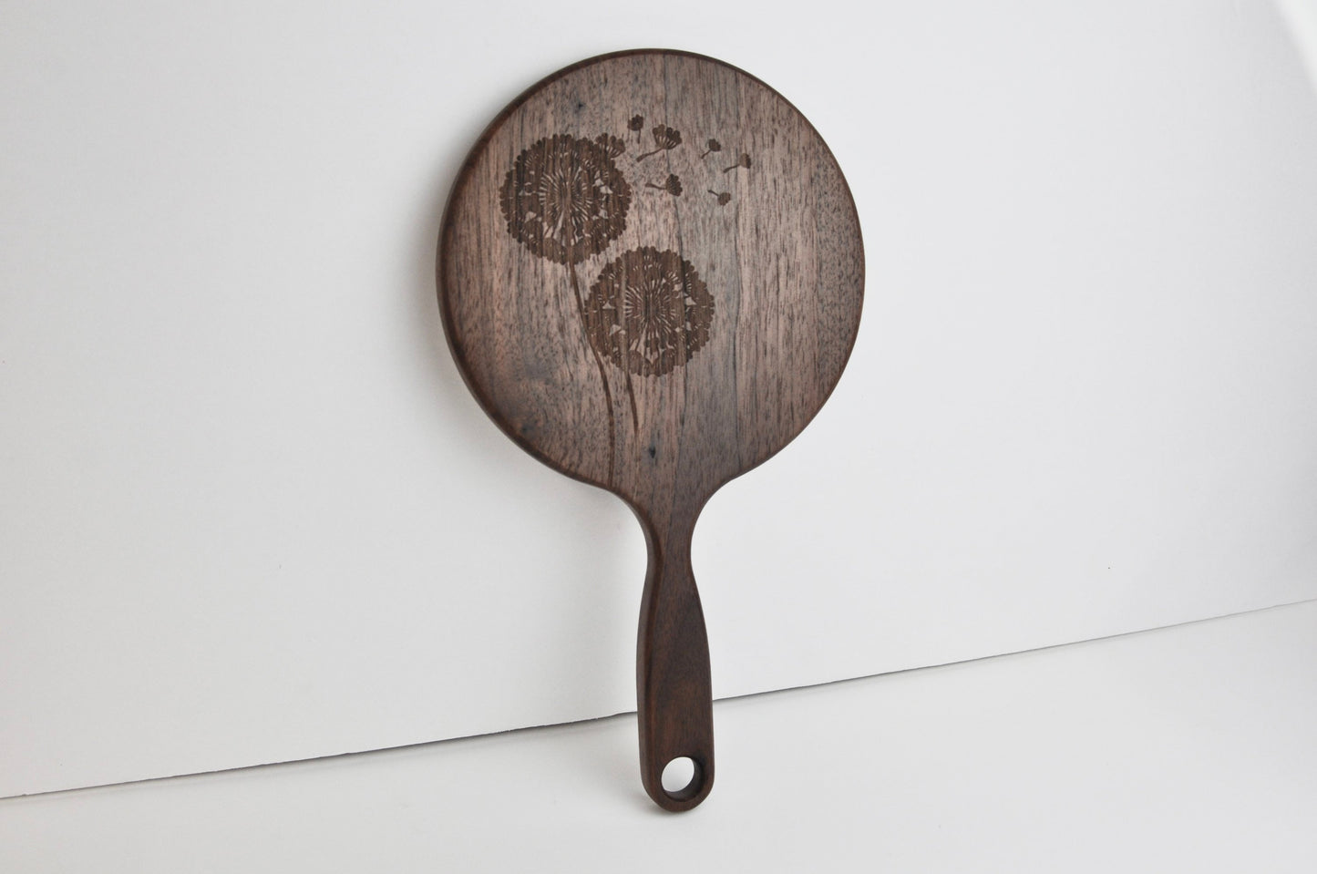 Dandelion Engraved Wood Hand Mirror